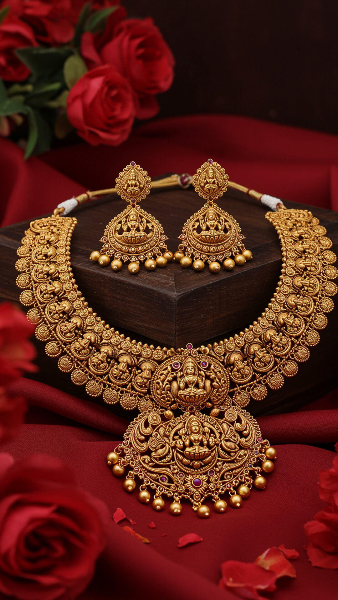 Elegant traditional gold necklace paired with matching gold earrings, a perfect jewelry set for bridesmaids